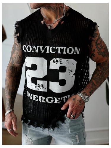 Men's Letter Graphic Sweater Vest Y2k Ripped V Neck Sleeveless Knit Tops4