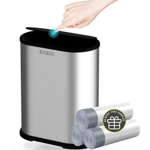 Image of KSSKSS 1.8 Gallons Small Stainless Steel Trash Can with Press Type Lid, Slim Bathroom Garbage Bin, Removable Liner Bucket, Dog Proof Narrow Wastebasket with Pop-Up Lid for Bedroom,Toilet (Silver)