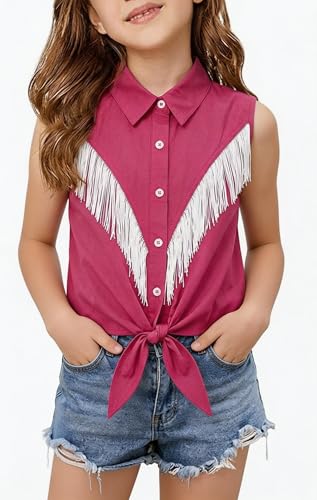 Image of Girls Fringe Shirt Sleeveless Button Down Western Cowgirl Tassel Trim Casual Blouse Shirt Top 4-13Y