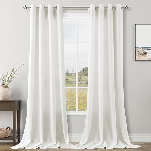 Image of Ivory Linen Curtains 102 Inches Long for Living Room 2 Panels Set Grommet Natural Faux Semi Sheer Sunlight Filtering Drapery Luxury Lightweight Rustic Bohemian Curtain for Dining Room Bedroom 52X102