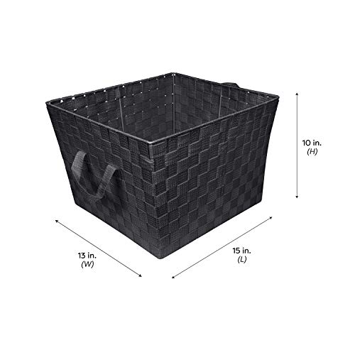 Image of Simplify Large Woven Strap Tote | Decorative Storage Basket | 2 Handles | Organization | Closet | Bedroom | Bathroom | Nursery | Accessories | Toys | Gifts | 2 Pack | Black