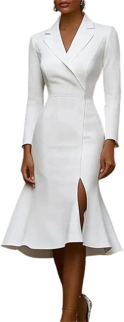 Women White Notched Collar Dress Mermaid Hem Slit Design Office Commute Elegant Midi Professional