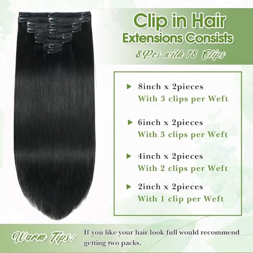 Image of 14 Inch Jet Black Clip in Hair Extensions Real Human Hair, 8pcs /60g Seamless Invisible Human Hair Clip in Extensions for Women, 10A Brazilian Virgin Remy Human Hair Extensions Clip ins Double Weft