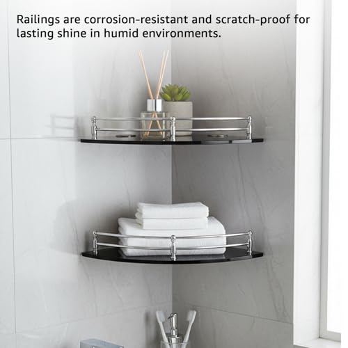 Image of Amazon Basics Glass Bathroom Corner Shelf with Stainless Steel Railings | Pack of 3 | Black | 9x9 Inch | Rust-Resistant Space-Saving Storage | 23D x 23W x 6H cm