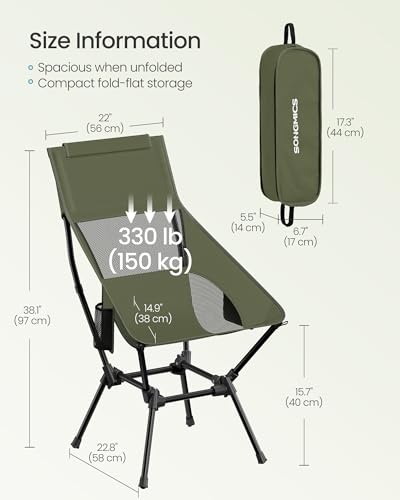 Image of SONGMICS Lightweight Backpacking Chair, Adjustable Height, Steel Frame | 330 Lb Capacity, 2 Storage Pockets, for Outdoor Travel, Green UGCB051CZ01