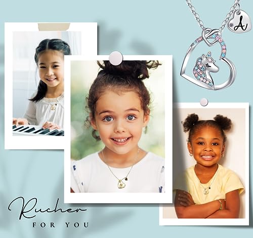 Unicorn Necklace for Girls Kids with Personalized Initial Heart Pendant, 18K Gold Fashion Jewelry for Girls, Colorful Heart Necklace for Birthday Gifts.3