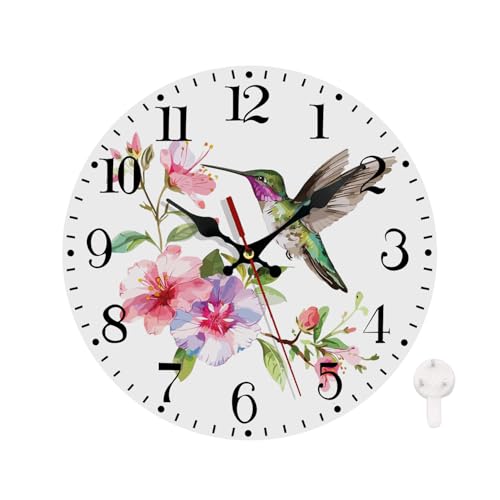 Ansouyi Round Wall Clock Battery Operated Clocks Wallclock 10 Inch,Watercolor Hummingbird Floral on White Silent Non Ticking Wall Clock for Living Room,Kitchen,Home,Bathroom,Bedroom,Office or School