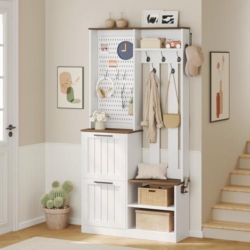 Hall Tree with 2 Flip-Down Shoe Cabinet for Entryway | Coat Rack with Shoe Bench, Open Shelves, Pegboard, and Coat Hooks, for Living Room, Cloakroo, Bedroom, White and Walnut