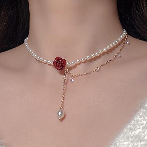 Red Rose Flower Choker Layered Rhinestone Faux Pearl Chain Women Y2K Wedding Necklace3