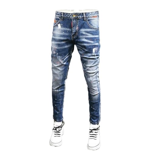 Streetwear Men Jeans Retro Elastic Slim Fit Ripped Jeans Trousers Mens Painted Elastic Hip Hop Denim Pencil Pants