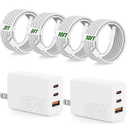 Image of 65W Super Fast Charger Type C for Samsung,3 Port 100W Quick Charging 3.0 USB C Block & 3 /6 /10 /10FT Braided Type C Cord for Samsung Galaxy S26 Ultra /S26 /S25 Ultra /iPhone 17 Pro /MacBook Pro /Air-White