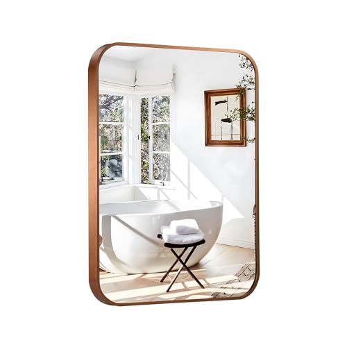 20″x30″ Brushed Bronze Bathroom Mirror for Wall, Rounded Rectangle Mirror with Brown Metal Frame Hanging for Bathroom Entryway Vanity,Living Room,Bedroom,Vertical or Horizontal