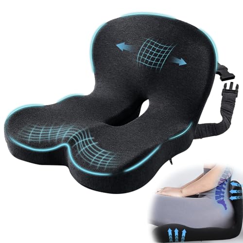 Image of Car Seat Cushion, Memory Foam Driving Cushion with Adjustable Strap, Ergonomic Pad for Car & Semi Truck, Office Chair Cushion for Sciatica & Lower Back Pain Relief, Dark Gray
