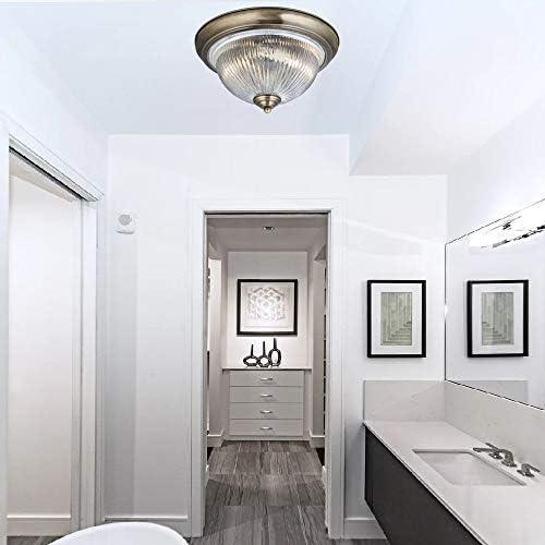 Antique Brass & Clear Ribbed Glass Bathroom Vintage Round Flush Ceiling Light 290mm | 2 x E14 SES Lamp Bulbs Required (Not Included) | IP44 Rated | Suitable for Outdoor Use