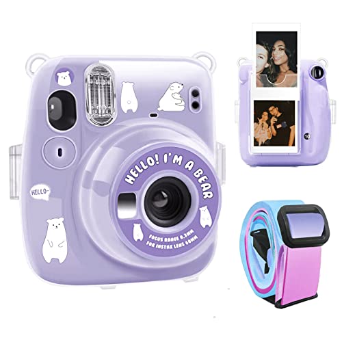 Hakiwina Mini 11 Tasche, Transparent Tasche für Fujifilm Instax Mini 11 Polaroid Sofortbildkamera Tasche Crystal Hard PC Cover mit Rückseitiger Fototasche, verstellbarem Schultergurt, Aufklebern Cover