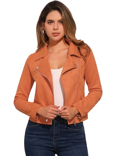 Veste de motard courte en daim orange Allegra K pour femme
