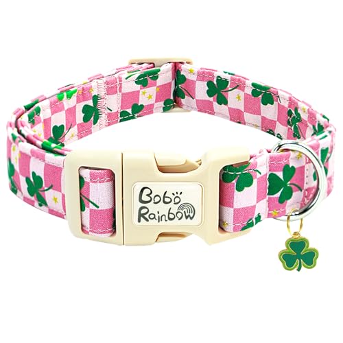 Image of St Patrick's Pink Plaid Trefoil Dog Collar for Medium Dogs | Daily Walks,Irish Parade,Spring Picnic Hiking,Adjustable,Cotton Fabric,Quick Release Plastic Buckle,Pendant,Female /Male Dog
