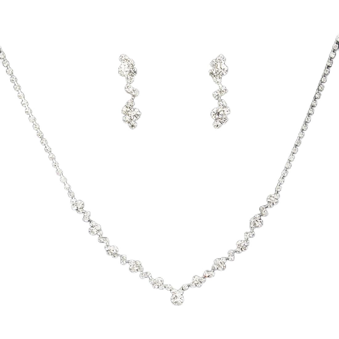 Dreamle Rhinestone Conjunto de joyería nupcial Collar Pendientes Tono plateado Rhinestones Damas Niñas, Dama de honor Conjunto de joyería de boda.