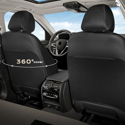 Image of Coverado 2 Pack Premium Faux Leather Front Car Seat Covers Breathable Mesh Auto Seat Protectors Airbag‑Compatible Universal Fit for Sedan SUV Truck Beige&Black