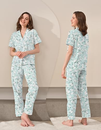 Image of NAP BOUND 100% Cotton Women's Pajama Sets Short Sleeve Button Down Soft Pjs 2 Piece Lounge Set with Pocket Nightwear XS-XXL
