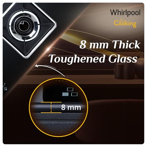 Image of Whirlpool 75cm 3 Burner Auto Ignition Gas Stove | SABAF Brass Burners & Valves | 8mm Thick Toughened Black Glass | 10-Year Burner & Valve and 5-Year Glass Warranty | GRANDIOSA ULTRA LOTUS 753 CT AI BR