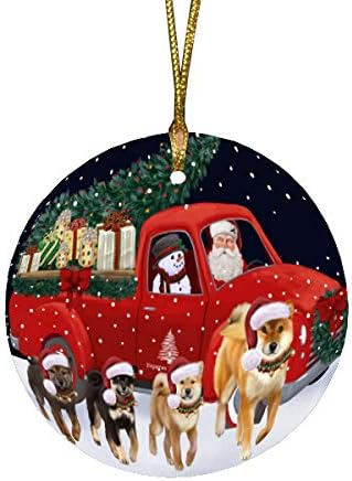 Santa Sled Dogs Shiba Inu Christmas Round Flat Ornament - Pet Decorative Hanging Ornaments for Christmas X-mas Tree Decorations - 2.75" Round Flat Ceramic Christmas Ornament POR1536