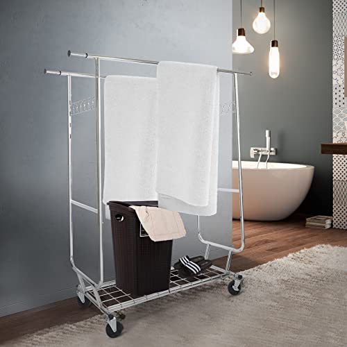 Alupom Extendable Double Rod Clothing Rack On Wheels With Shelves Capacity 330Lbs, Heavy Duty Rolling Chrome Commercial Garment Rack For Hanging Clothes #TOP7