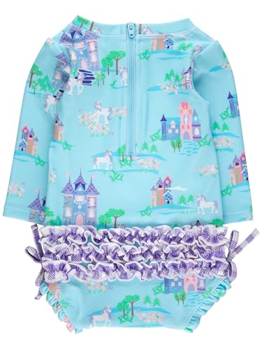 Image of RuffleButts Baby Girls UPF 50+ Sun Protection Floral Printed Long Sleeve One Piece Rash Guard Swimsuit with Zipper