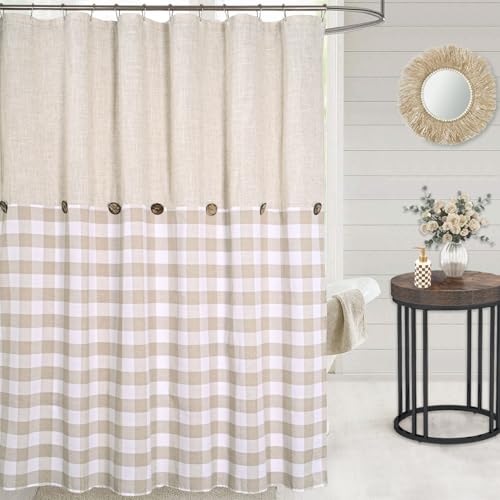 DOSLY IDÉES Linen Button Farmhouse Shower Curtain,Linen and Cotton Fabric,Pleated