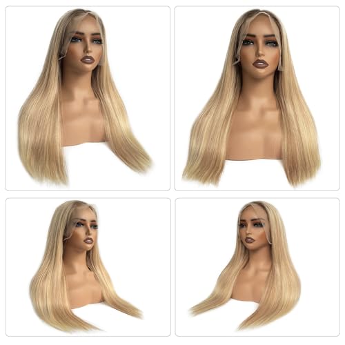 Image of Ombre Golden Blonde Highlights Lace Front Wig Human Hair for White Women 28 Inch Pre Plucked 13x6 HD Transparent Lace Frontal Human Hair Wig with Brown Roots Straight 180% Density Glueless Wigs