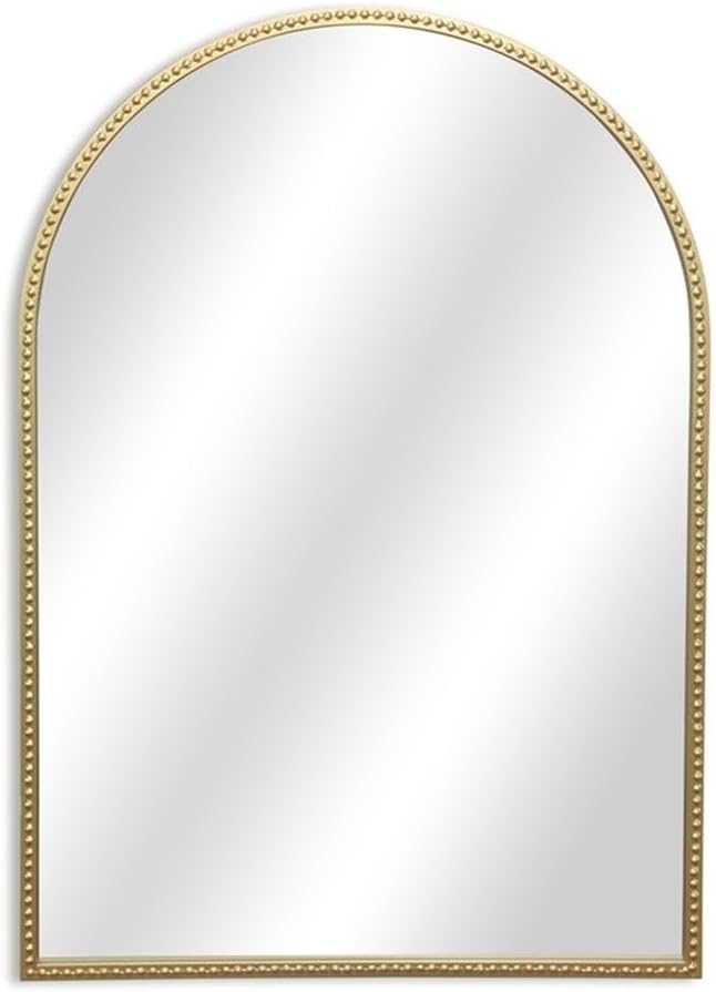 Pemberly Row Curve Top Gold Metal Wall Mirror, 24 in, Studded Accents, Handcrafted Wall Mounted Bedroom Decor, Durable Framed Design, Elegant Mirrored Surface