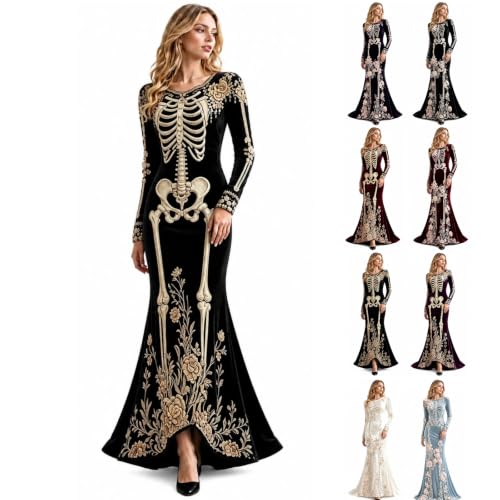 Women Halloween Costume,Women Skeleton Dress Long Sleeve 3D Digital Print Bone Floral Maxi Velvet Dresses Halloween Costume Cosplay,A01-Black,4XL - image 1