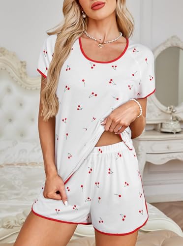 Image of Hilinker Women Striped Pajama Set Short Sleeve Top with Shorts Sleepwear Pjs 2 Piece Lounge Sets