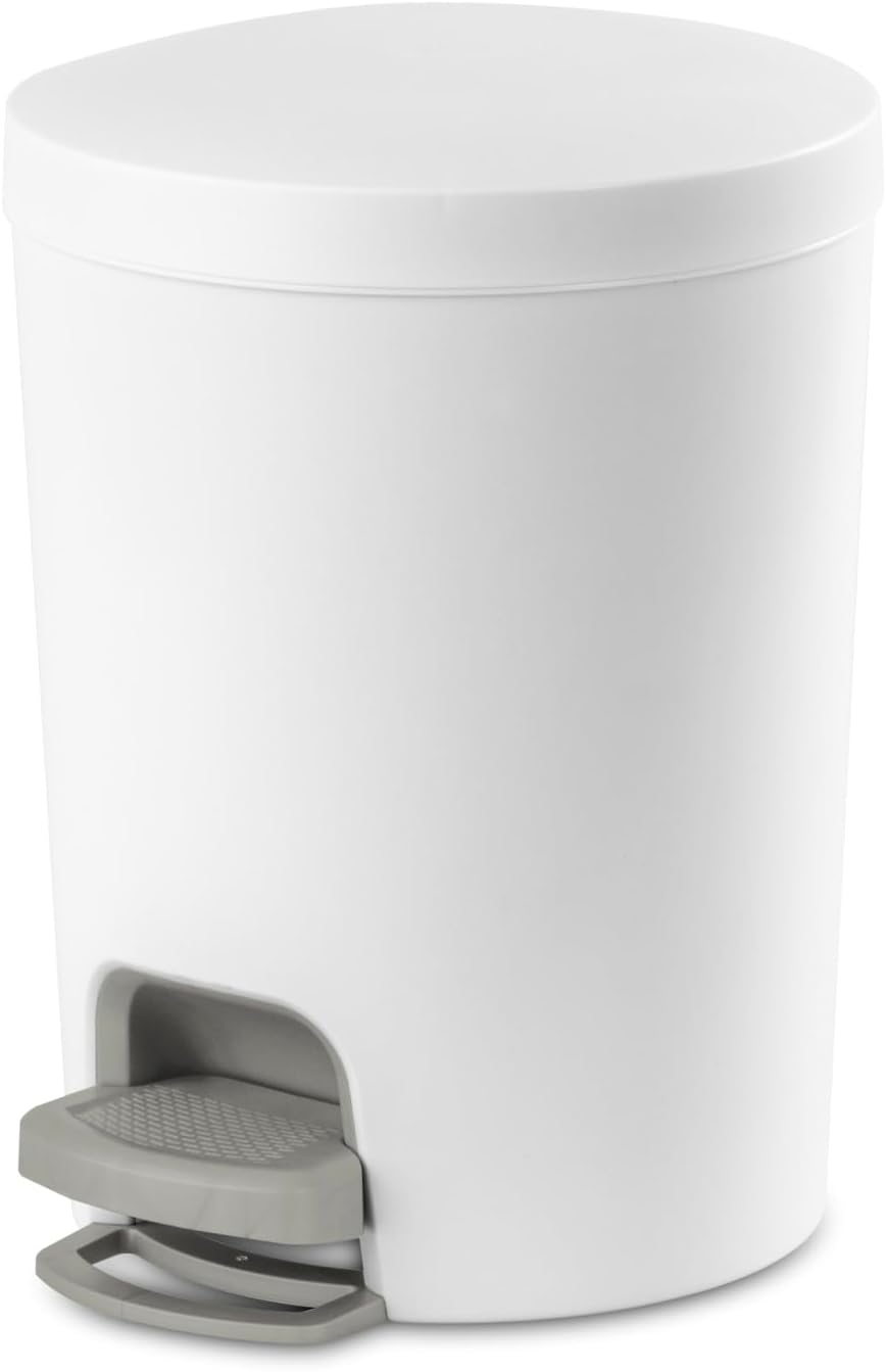 Sterilite 1.6 Gallon StepOn Wastebasket w/Lid, Small Plastic Trash Can for the Bathroom, Bedroom, or Dorm, Pedal and Liner, White, 2-Pack