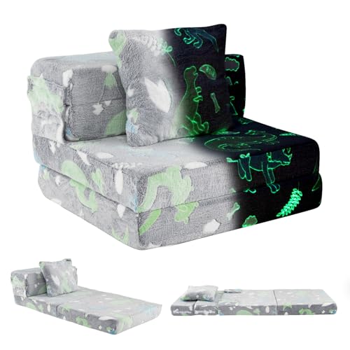 COSTWAY 3 in 1 Kindersofa im Dunkeln Leuchtend, Kindersessel ausklappbar mit Kissen & abnehmbarem Bezug, Kindercouch gepolstert mit Schlaffunktion, Spielsofa umwandelbar für Kinderzimmer (Grau)