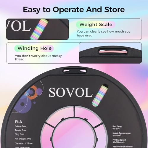 Image of Sovol 3D Printer Matte Multicolored Fast Change Rainbow PLA 1kg (2.2 lbs) Spool 3D Printing Materials, Dimensional Accuracy + /- 0.03 mm, 1.75 mm, Matte Macaron Rainbow
