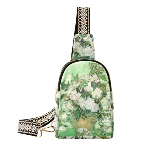 Sling Bag For Women-Van Gogh Masterpiece White Rose Oil Painting,Small Crossbody Backpack，Travel Hiking Chest Bag Daypack