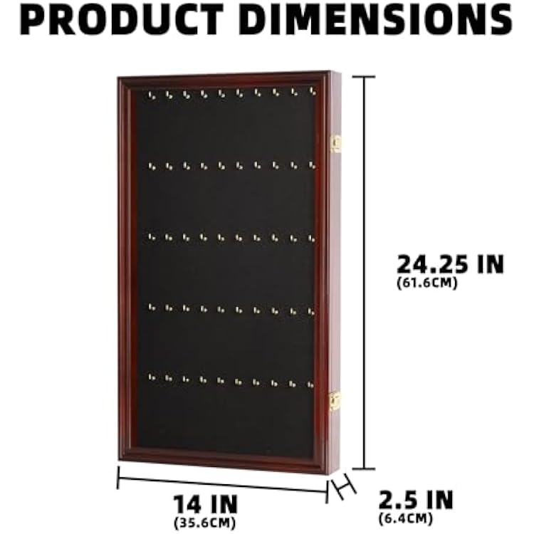 DisplayGifts 25 Pocket Watch Display Case Golf Bag Tag Collection Display Case Shadow Box with Small Hooks Mahogany Finish