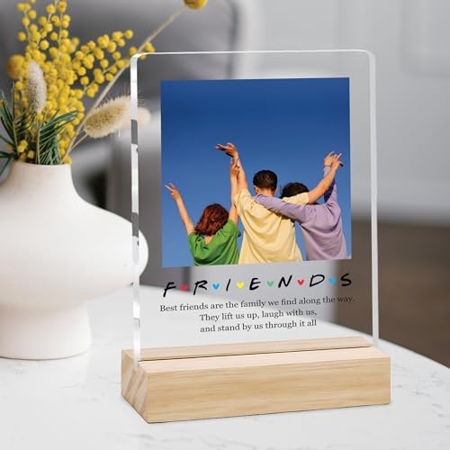 Image of Giftplease Customized Friends Plaque with Wooden Stand | Personalized Photo Frame with Quote | Best Friend Birthday Gift, Farewell Gift, Friendship Day Gift for BFF Keepsake Room Decor FR 01