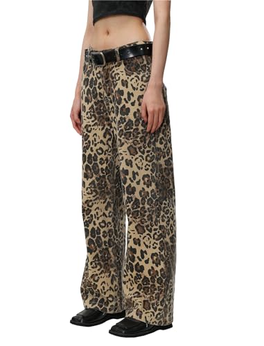 Aelfric Eden Leopard Print Jeans for Women Cheetah Print Pants Straight Leg Denim(A Size 1-2 Larger is Recommended)