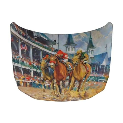 Image of Car Hood Cover, Protector Auto Hood Wraps Waterproof Stretchable Horse Racing Prints Auto Exterior Accessories for Compact Sedan SUV Truck Van (59x39 Inch)