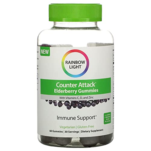 Rainbow Light Immune Support, Vitamins C, D & Zinc, Counter Attack, Gluten Free, Vegetarian, Elderberry, 60 Gummies