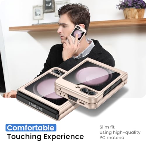 Image of Ruky for Samsung Z Flip 5 Case, with Built-in Screen Protector, Gold | Full Body Hard PC Slim Anti-Scratches Shockproof Wireless Charging Women Girls Phone Case for Samsung Galaxy Z Flip 5, Gold