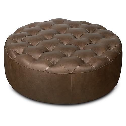 Image of Poly & BARK Ascot Ottoman - 40 inch Round Pouf with Feather-Down Topper - Full-Grain Leather Upholstered Pouf Ottoman for Living Room - Vintage Italian Leather in Cocoa Brown