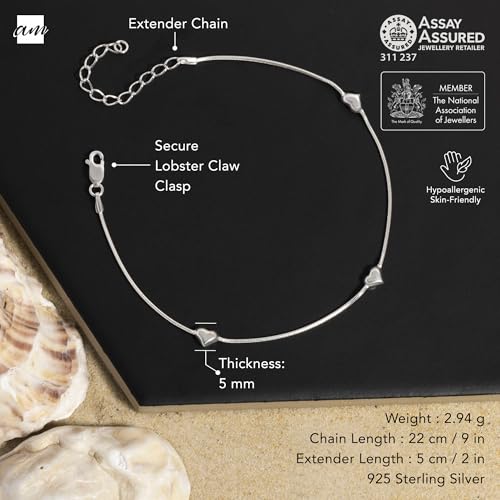 Image of Amberta Italian Sterling Silver Anklet for Women 925 | Adjustable Ankle Bracelets for Women Beaded Heart Summer Jewellery