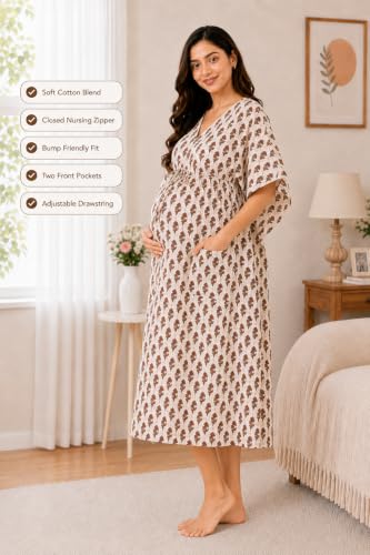 Image of Noty Women's- Kaftan | Maxi | Maternity | Feeding | Delivery Gown- Cotton Fabric- V Neck | Floral Print | 2 Pockets | Midi