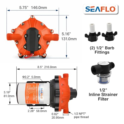 Image of SEAFLO 55 Series 12V RV Water Pump 5.5 GPM 60 PSI Diaphragm Pump Heavy Duty Pressure Switch Built In Bypass Self Priming Quiet High Flow RV Marine Off Grid Freshwater System 4-Year Warranty