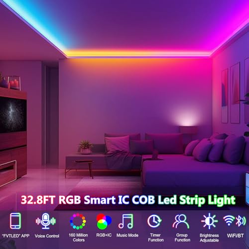 Image of Smart IC RGB COB Led Light Strip 32.8FT /10m, 24V 10mm Width Led Tape Lights with WiFi Bluetooth APP Remote Control, Flexible Addressable Color Chasing Light for TV Backlight Bedroom Party