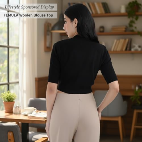 Image of Women Winter Wear V-Neck Half Sleeves Regular Fit Woollen Blouse