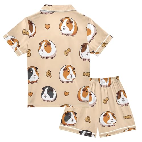 Satin Pajama Sets Short Sleeve Guinea Pigs and Hearts Pattern Button Down Silky Nightwear 2 Piece PJS 5-14Y2